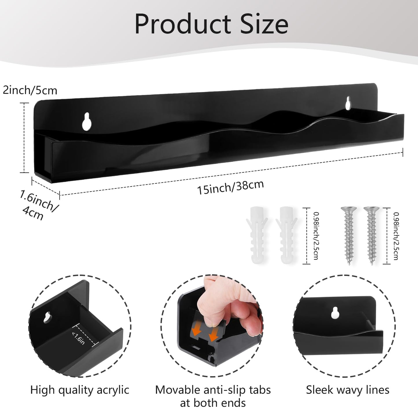 Nail Polish Wall Rack, 6-Shelf 15-Inch Black Acrylic Nail Polish Shelves with Removable Ends – Multi-Purpose Shelf for Essential Oils, Cosmetics Storage and Display for Salons and Bathrooms