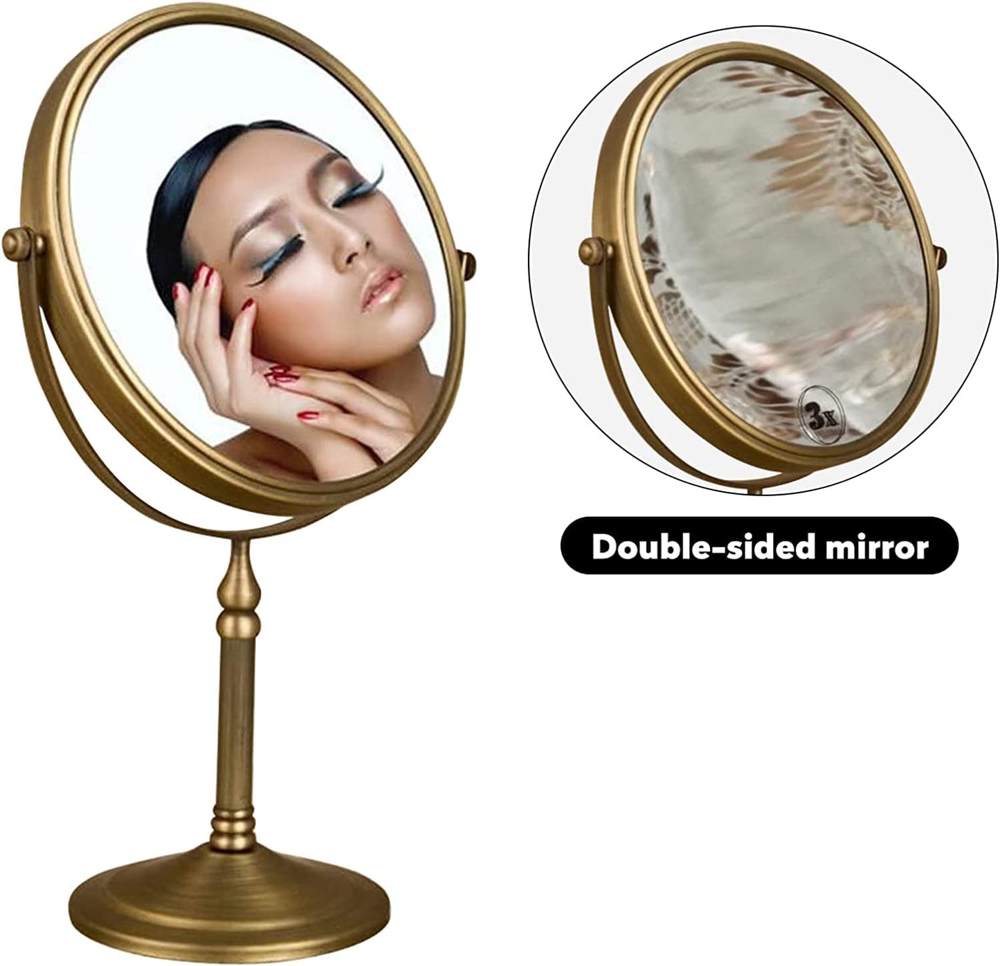 Leyden Antique Brass Makeup Mirror, 3X Magnifying Vanity Mirror Tabletop Double Side 7.8 Inch Bathroom Hardware Accessories