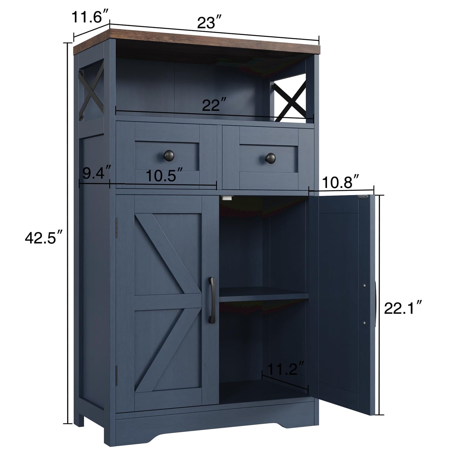 Befrases Farmhouse Blue Storage Cabinet with Barn Doors and Drawers, Small Freestanding Kitchen Pantry Cabinet, Hutch Cupboard for Kitchen, Laundry, Living Room,Bathroom