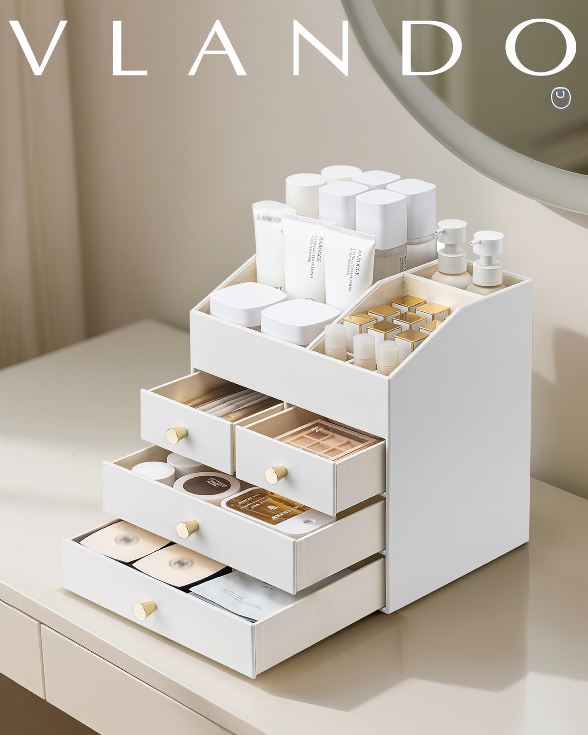 VLANDO Makeup Organzier,Vanity Organizer with Drawers, PU Leather Skincare Organizer Perfume Organizer,Large Cosmetic Display Case for Lipstick,Brushes Gifts for Women, White, 4 Layer