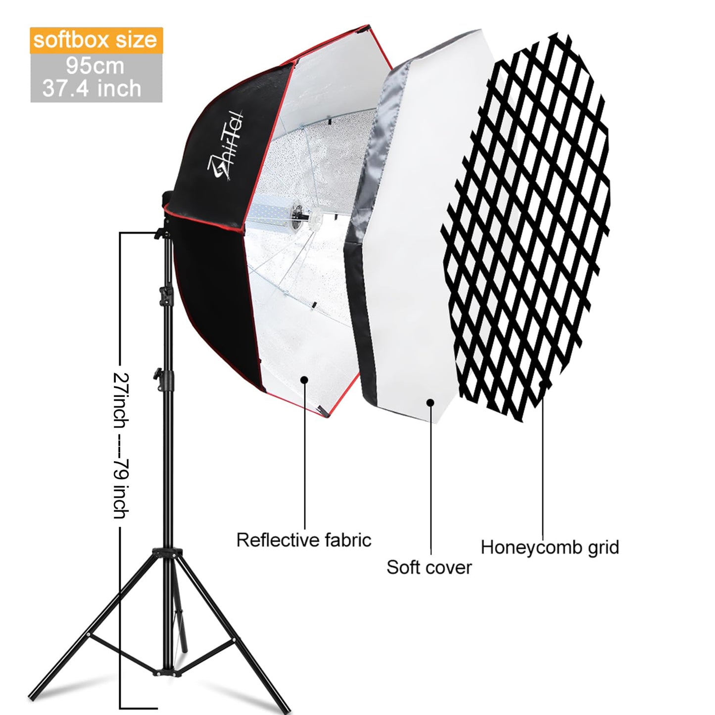 Shirtal Softbox Photography Lighting Kit,37" Octange Softbox Lighting Kit with Honeycomb Grid 110W 2700K-6500K 11000Lux Dimmable LED Prismatic Lamp and Remote Control, Lighting for Video Recording