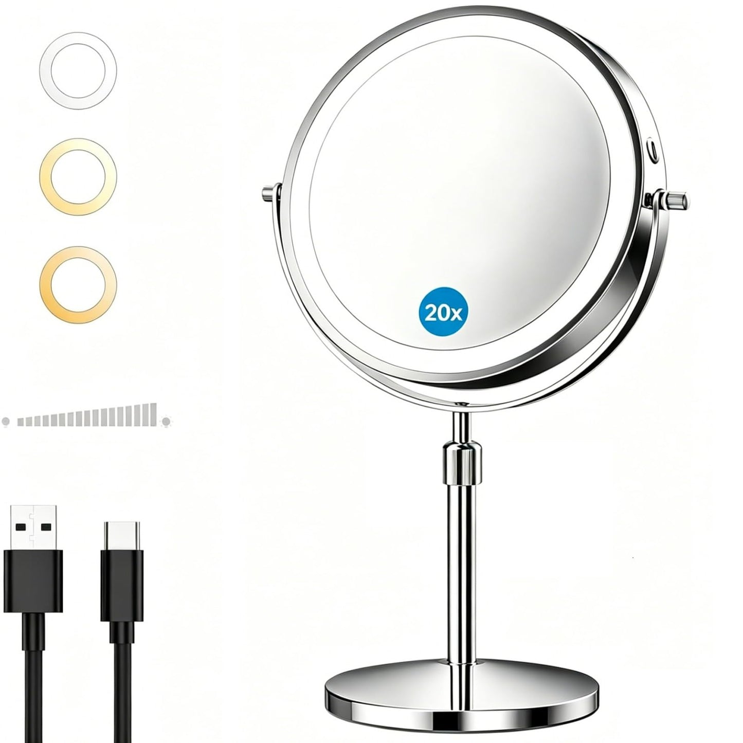 8.5" Makeup Mirror with Lights, 1X/20X Lighted Magnifying Mirror with 3 LED Lighting , 3000mAh Rechargeable Double Sided Vanity Mirrors Height Adjustable and Adjustable Brightness for Desk Women Gift