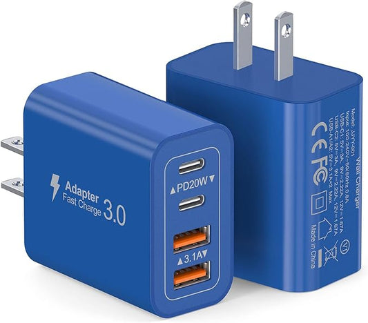40W USB C Super Fast Charger Cube,2 Pack PD + QC Charging Block Power Adapter 4 Port Wall Mount Plug for iPhone 17 16 15 14 13 12, Motorola, LG, Google Pixel 6a/6 Pro/6/5a/5/4/4A Box Brick (Dark Blue)