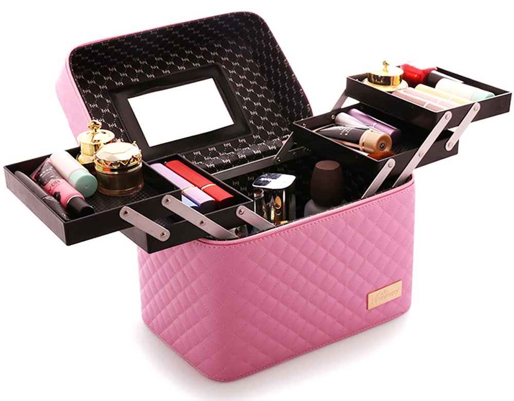 Sooyee Makeup Bag Cosmetic Bag with Mirror, 4 Layer Foldable Tray Makeup Organizer Open to the Sides, Makeup Travel Bag for Women, Train Case, Pink