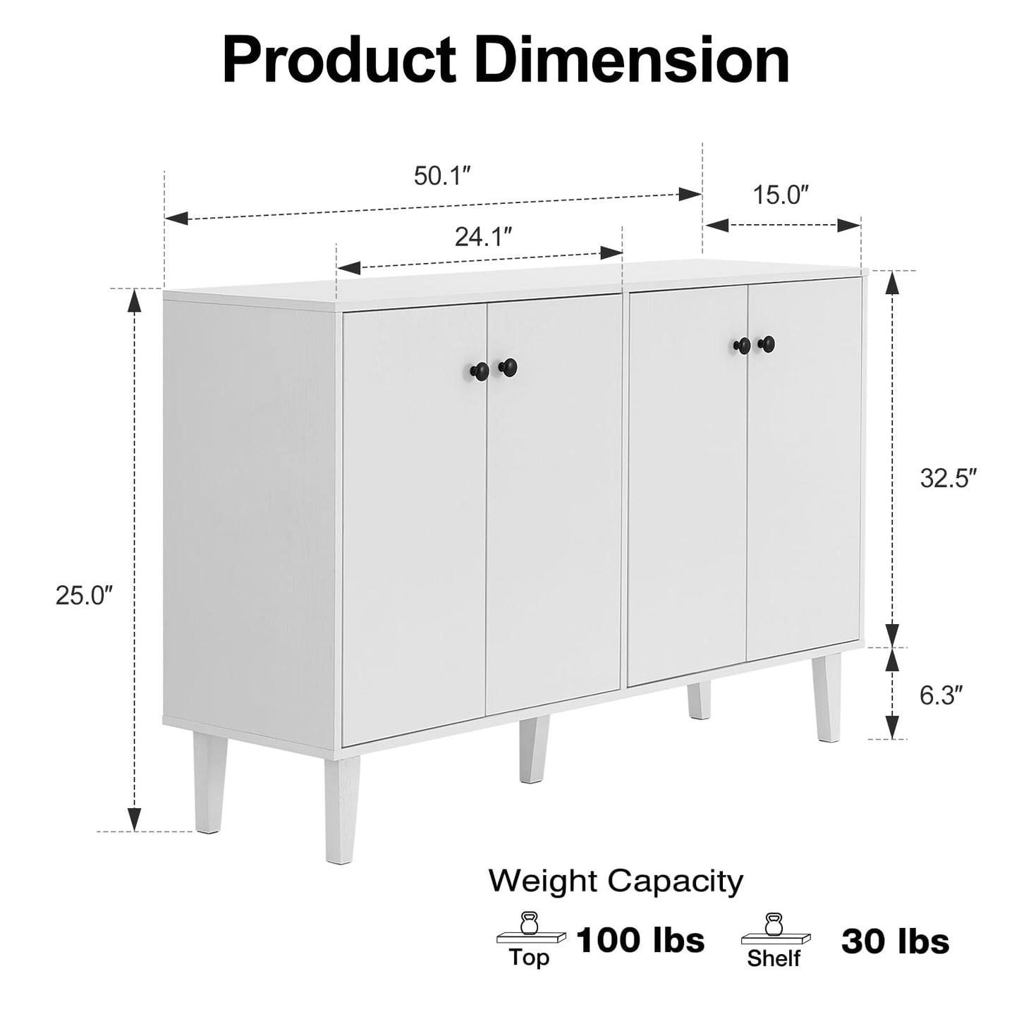 Panana Sideboard Buffet Cabinet Kitchen Storage Cabinet Living Room 4 Doors Console Table (White)