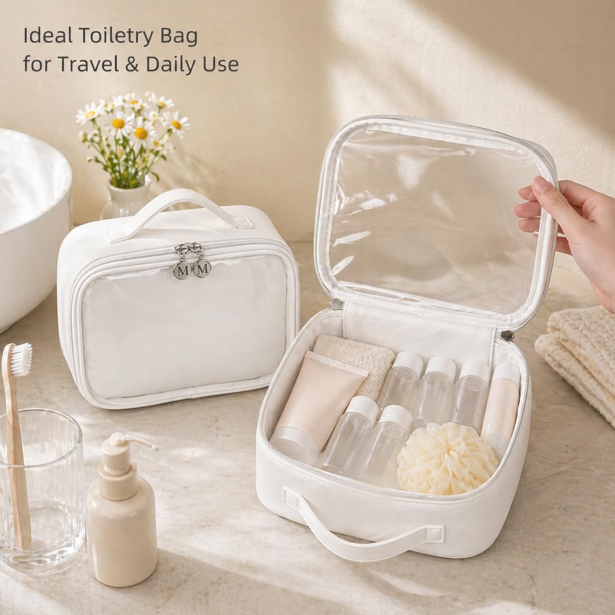 Travel Toiletry Bag for Women, Clear Makeup Bag Organizer with Handle, Waterproof Cosmetic Case for Travel Essentials, Portable Bathroom and Skincare Storage Bag for Daily Use, White