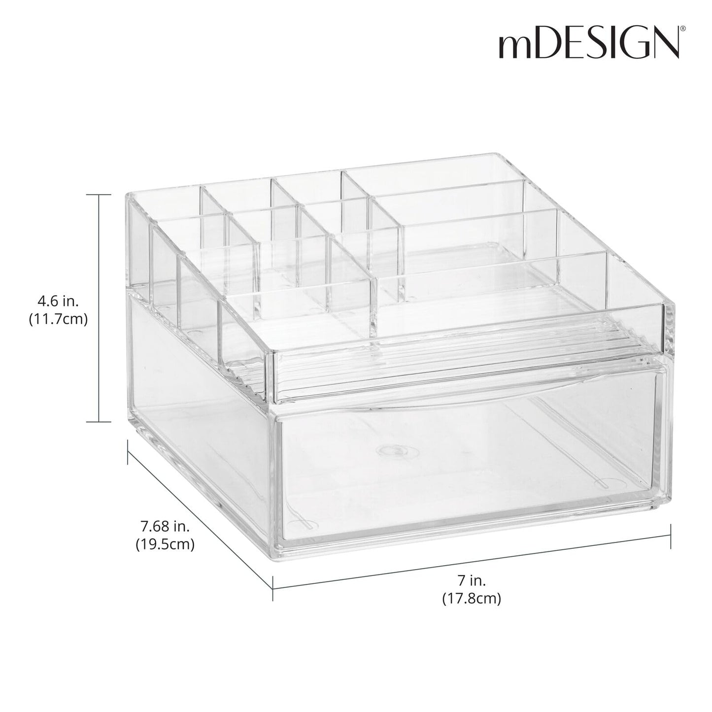 mDesign Plastic Divided Makeup Organizer Holder Bin with Front Drawer for Bathroom Vanity, Countertop Storage - Cosmetic Organization Holds Palettes, Brushes, Accessories - Cadi Collection - Clear