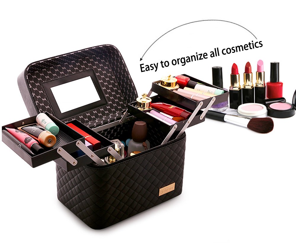 Sooyee Makeup Bag Cosmetic Bag with Mirror, 4 Layer Foldable Tray Makeup Organizer Open to the Sides, Makeup Travel Bag for Women, Train Case, Black