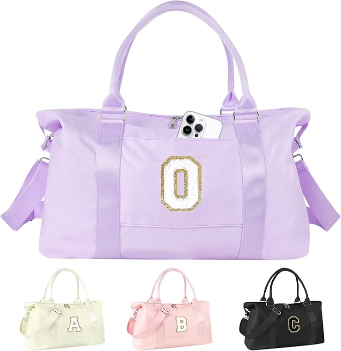 Dance Gym Duffel Bag for Teen Girls, Personalized Initial Travel Weekender Bag,Cute Overnight Carry On Duffle for Women,Sports Travel Cheer Bag,Monogram Christmas Gifts for Tween Preppy(purple-O)