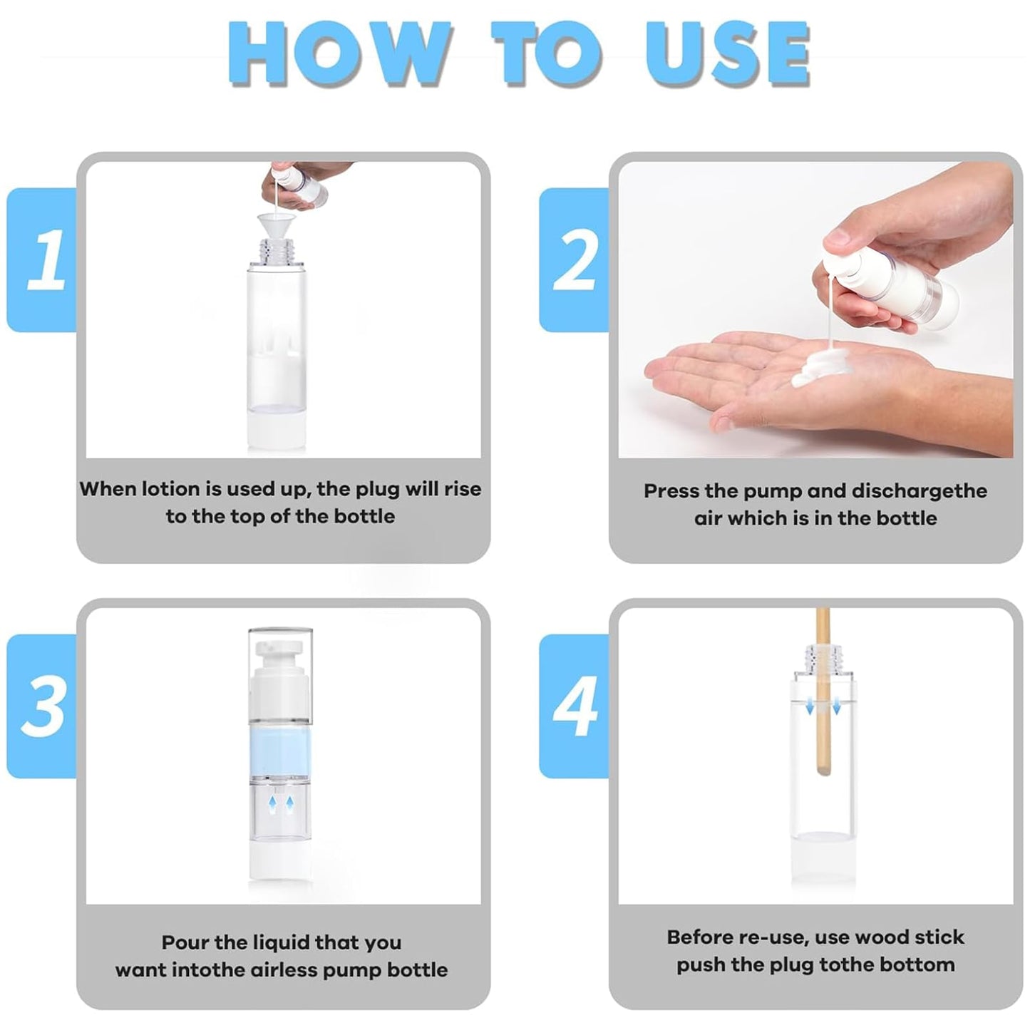 GIVITASOT 1.7OZ/50ML Airless Pump Bottles, 6 Pack Lotion Dispenser Travel Size Pump Bottles, Vacuum Cosmetic Travel Bottle for Lotion, Creams, Foundation, Cosmetic, with Labels, Wooeden Stick