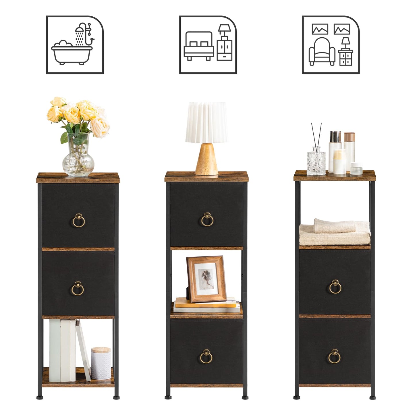 HOOBRO Corner Cabinet, 4-Tier Corner Shelf Stand with 2 Drawers,Bathroom Floor Cabinet, Narrow Storage Cabinet, for Bathroom, Living Room, Rustic Brown and Black BF87CW01