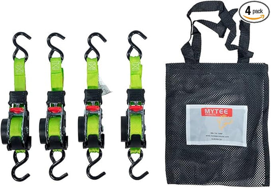 Mytee Products 4 Pack Retractable Ratchet Tie Down Straps w/S Hook - 1,500lb Break Strength Self Retracting Ratchet Straps for Haul Motorcycles, ATVs, Bikes, Trailer Tie-Down