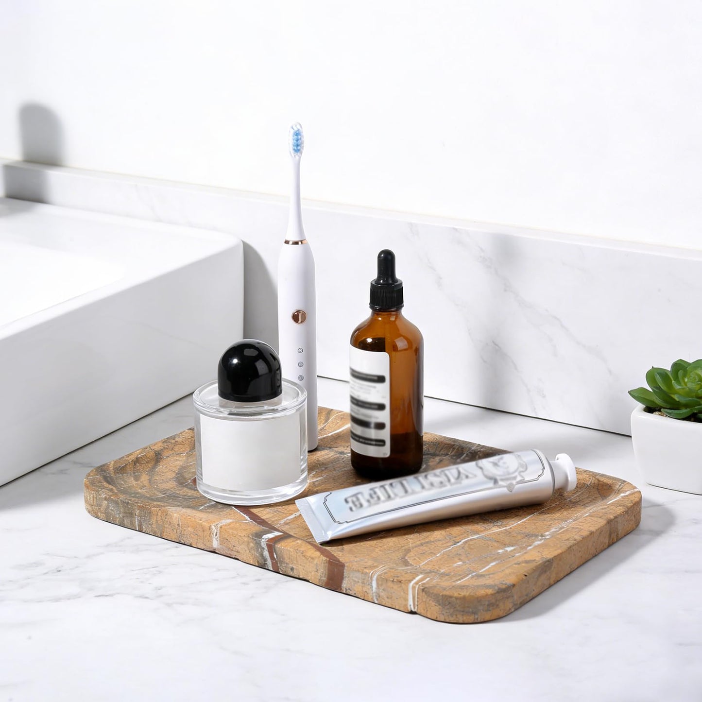 Koville Marble Tray, 12"x8" Natural Marble Vanity Tray for Countertop Bathroom Kitchen Dresser, Decorative Catchall Trays for Perfume Jewelry, Rectangular Stone Serving Tray(Rainforest Gold)