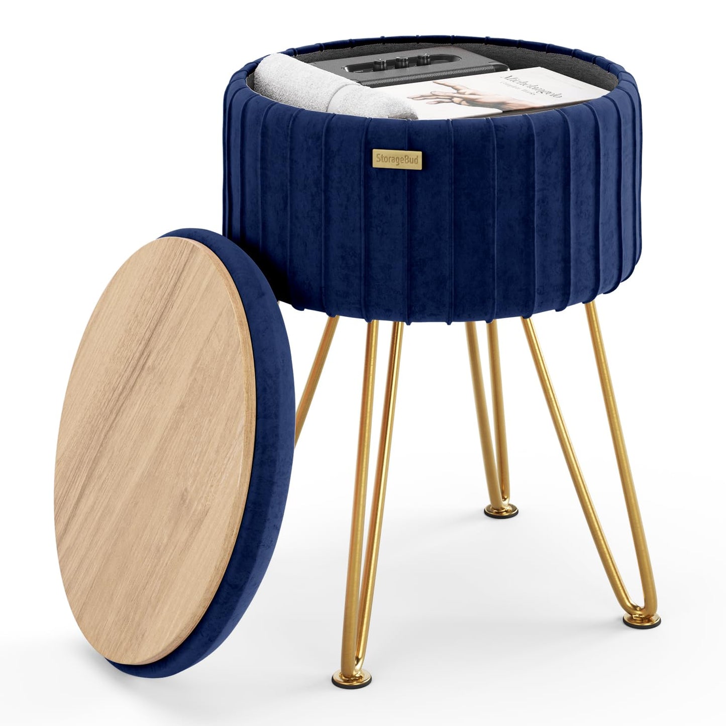 STORAGEBUD Round Ottoman with Storage, Pleated Velvet Storage Ottoman, Foot Stool Ottomans, Makeup Vanity Stool, Small Ottomans Foot Rest, Modern Vanity Stools for Living Room and Bedroom, Blue