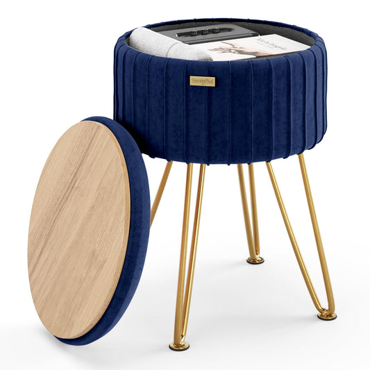 STORAGEBUD Round Ottoman with Storage, Pleated Velvet Storage Ottoman, Foot Stool Ottomans, Makeup Vanity Stool, Small Ottomans Foot Rest, Modern Vanity Stools for Living Room and Bedroom, Blue
