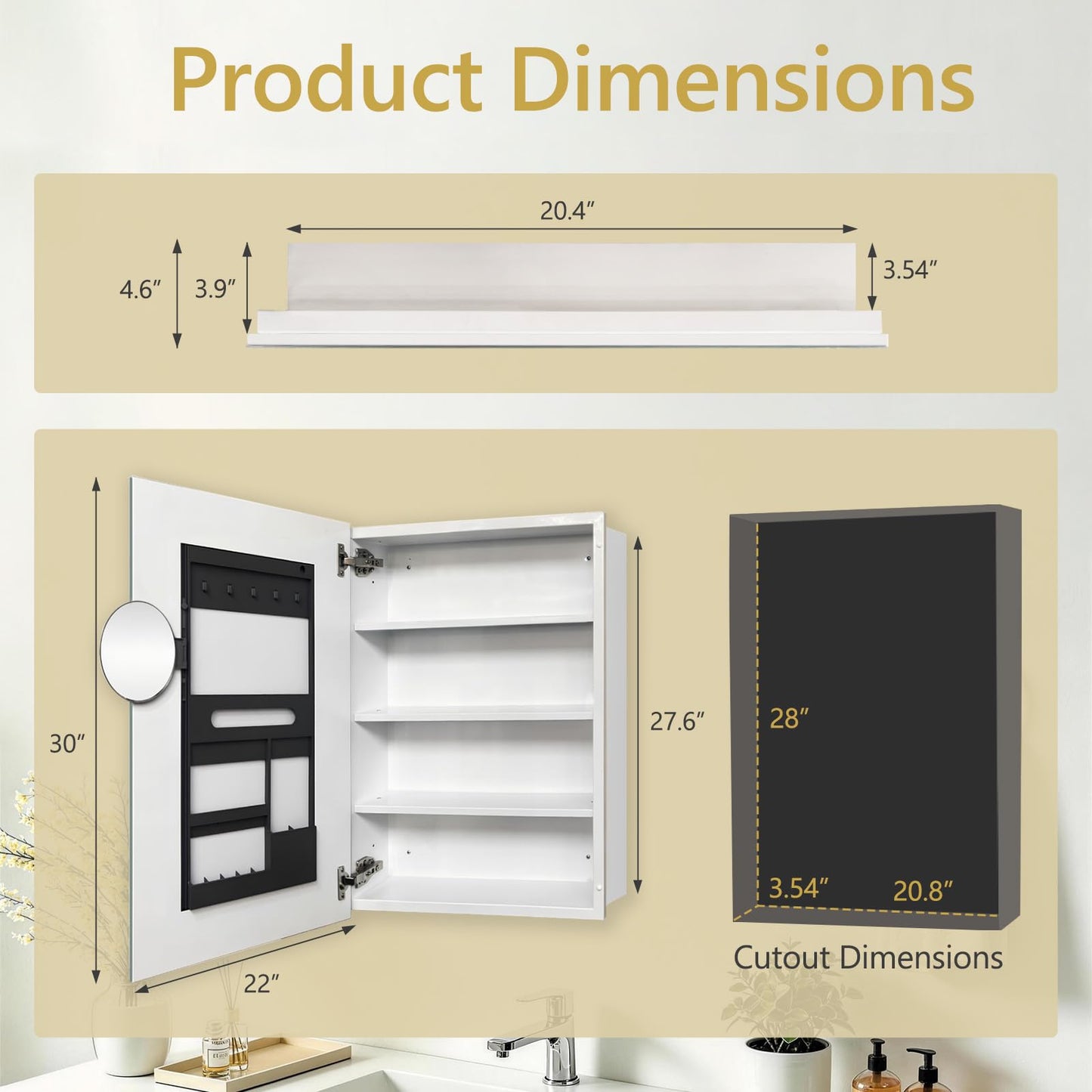 FUMANGO 22"x30" Medicine Cabinet,Bathromm Mirror Cabinet with 2X Magnifying Mirror,Soft Closing Hinge,A Mirror Cabinet with a Bevel,Recessed or Surface Mount,White