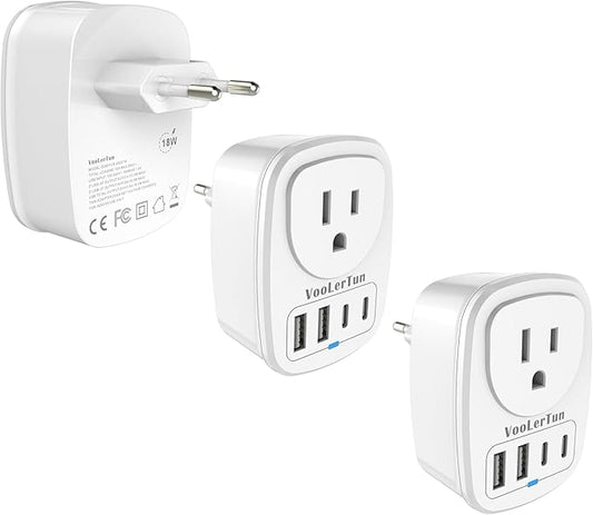 2 Pack Type C Plug Adapter, VooLerTun Germany Travel Plug Adapter with 4 USB Charger Ports, 1 American Outlet Adapter. US Converter for European France Denmark Norway Brazil Travel Essential