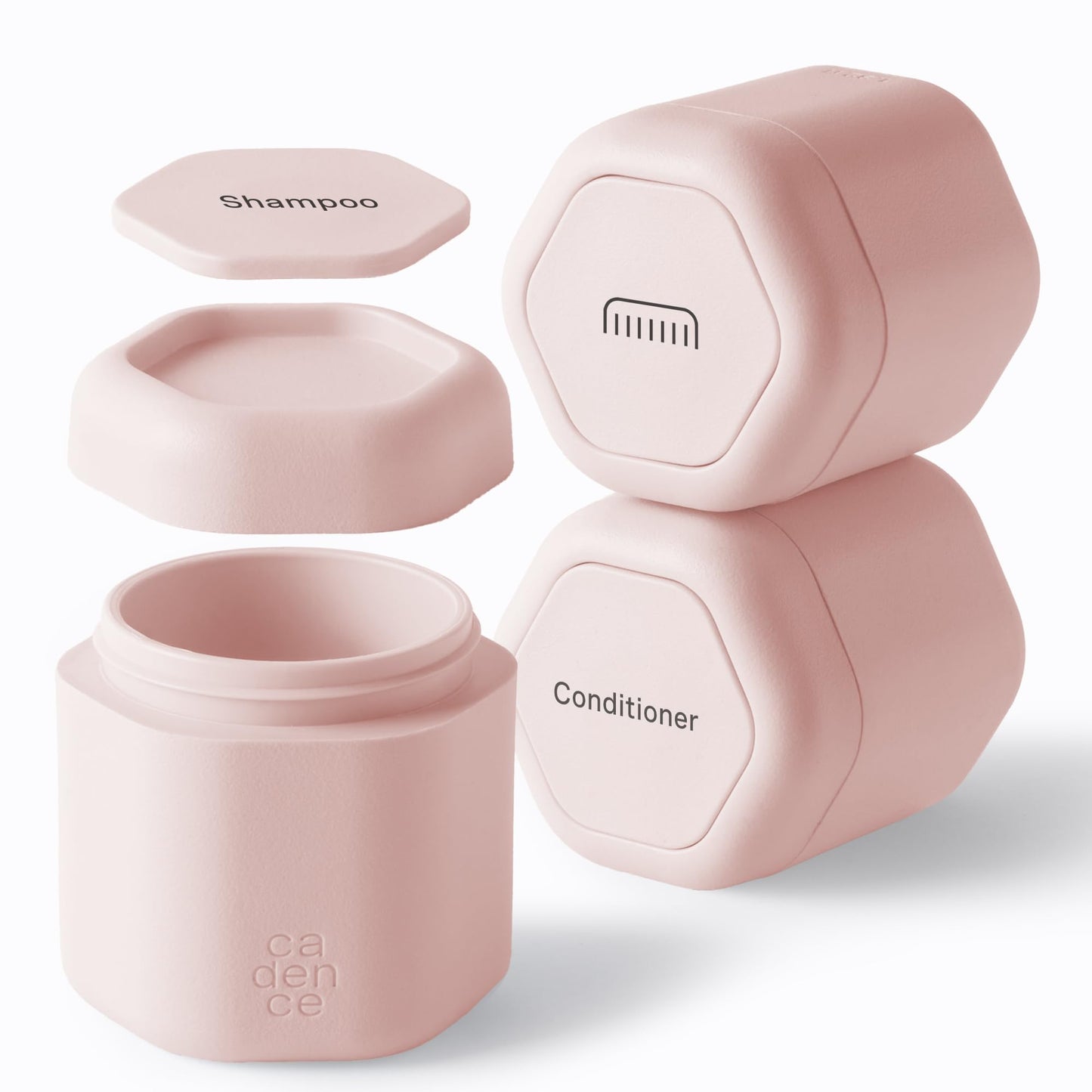 Cadence Travel Containers Haircare Capsule Set - Magnetic Containers with Lids,Carry On Travel Essentials For Women/Men - 3 Flex Mediums (1.32oz) - Shampoo, Conditioner & Comb Icon Labels - Petal