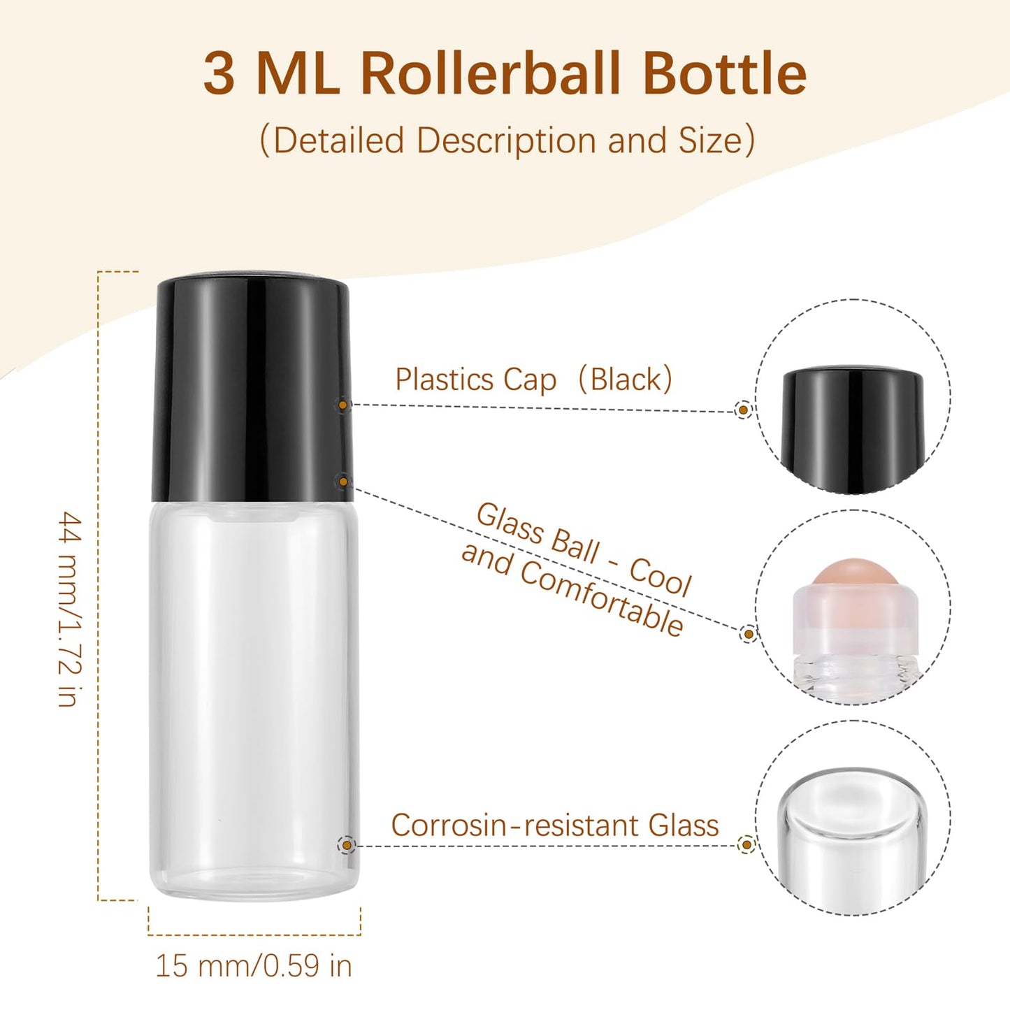 JIUWU 50pcs 3ml Mini Roller Bottles, 0.1oz Pink Glass Balls for Roll-on Bottles, Clear Empty Essential Oil Containers with Black Cap, Leak-Proof Refillable Travel Vials for Perfume Aromatherapy
