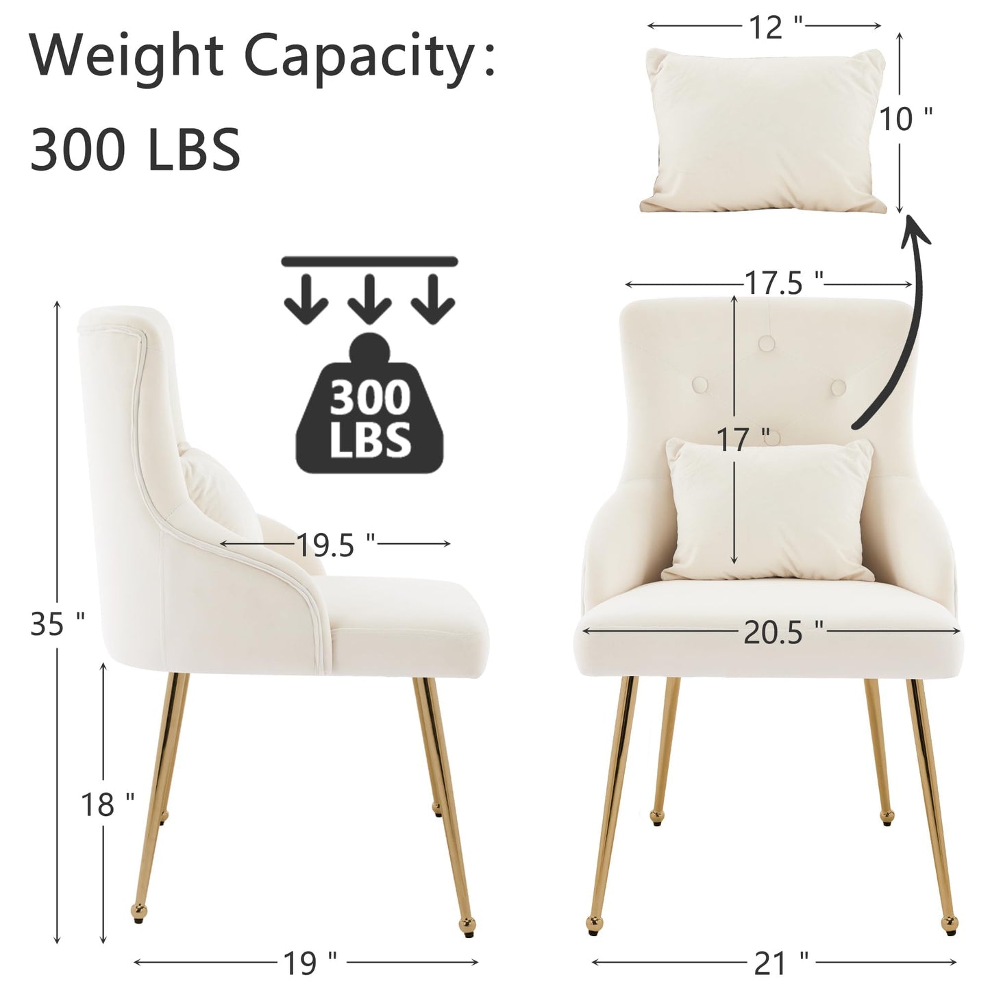 UDAX Velvet Vanity Chairs with Back, Upholstered Makeup Chair No Wheels with Metal Legs & Lumbar Pillow for Living Room/Makeup Room/Bedroom/Home Office/Kitchen