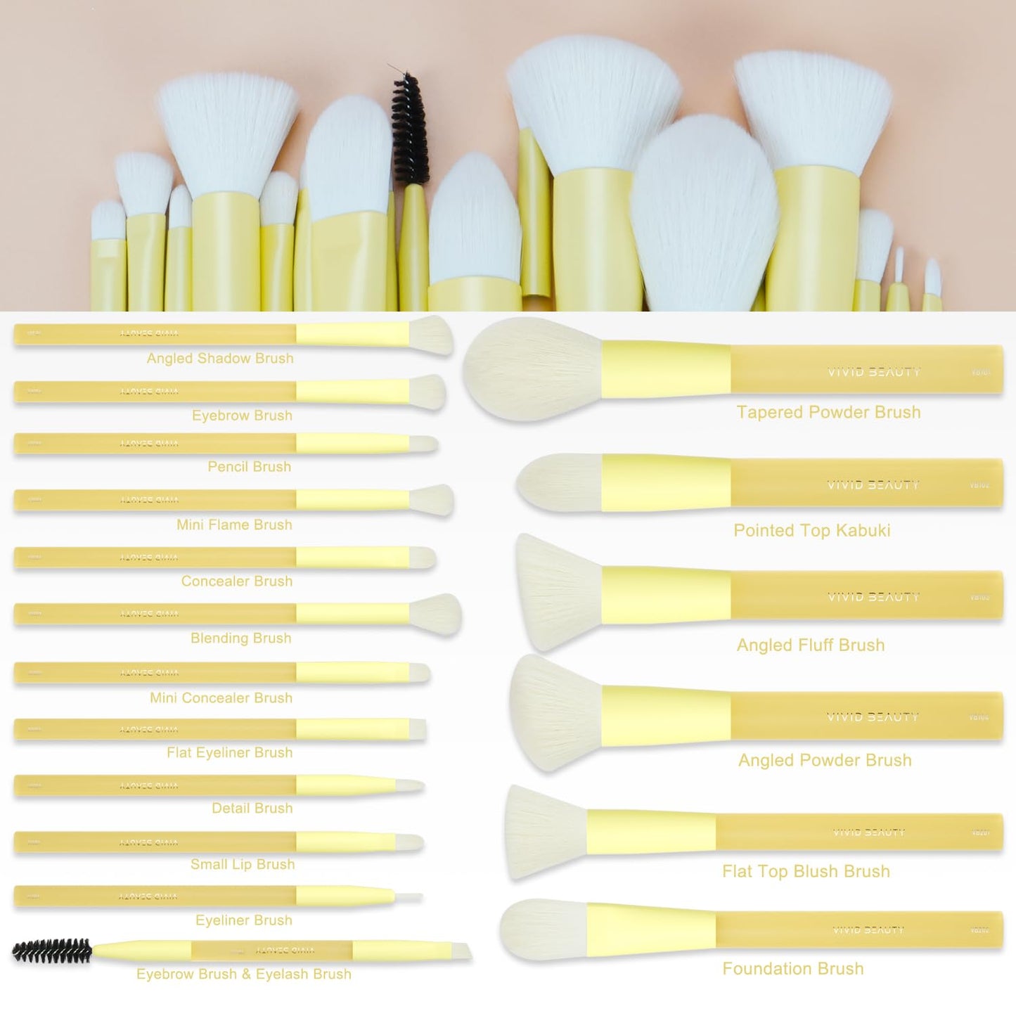Yellow Make up Brush Set – 18PCS Makeup Brushes for Powder, Foundation, Eyeshadow – With Rubber Coated Handles, Painted Aluminum Ferrules, Travel Bag & 2 Makeup Sponges– For Women & Beginners