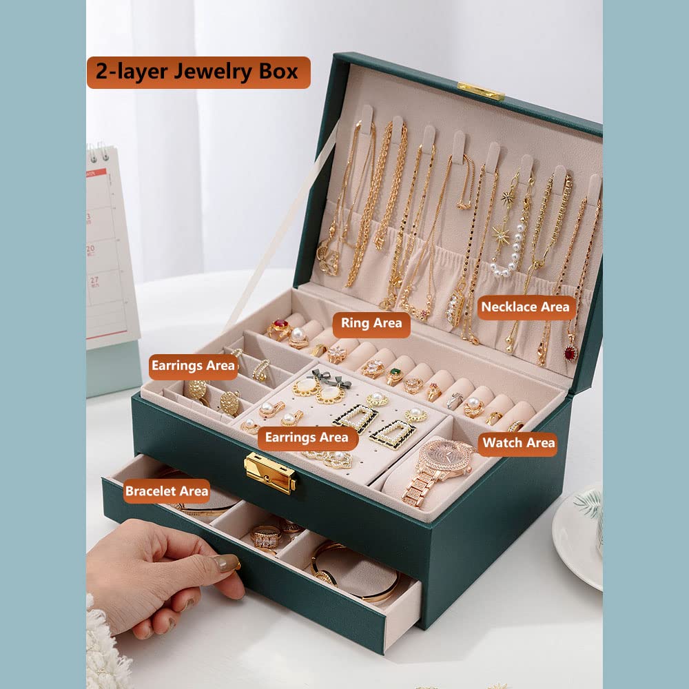 GUOER Jewelry Box for Women Girl Wife - Large PU Leather Jewelry Organizer Storage Case with Two Layers Display for Earrings Bracelets Rings Watches (Green)