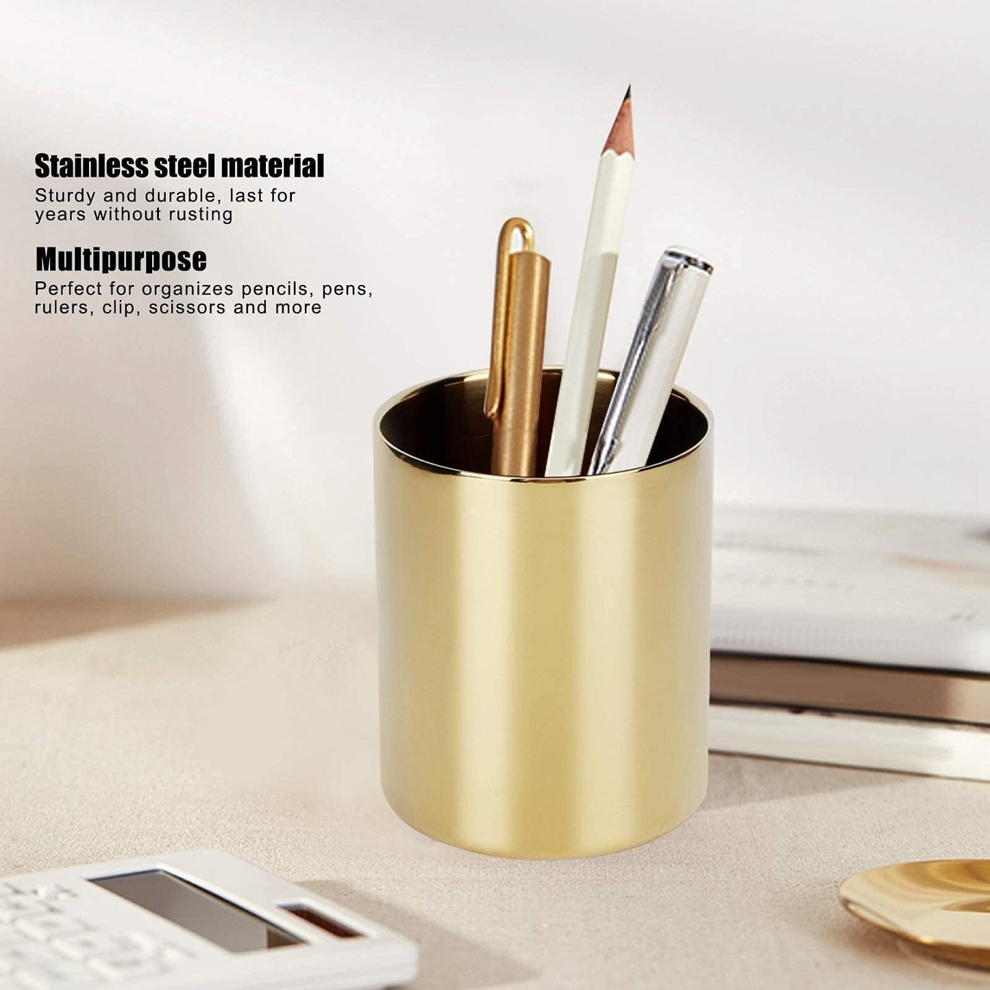 Beufee Pencil Holder, Pen Holder Makeup Brush Holder Gold Pen Pencil Holder Pencil Cup Holder Desk Organizer Table Vases Flower Pot Stainless Steel Makeup Brush Holder For Office Home Gold