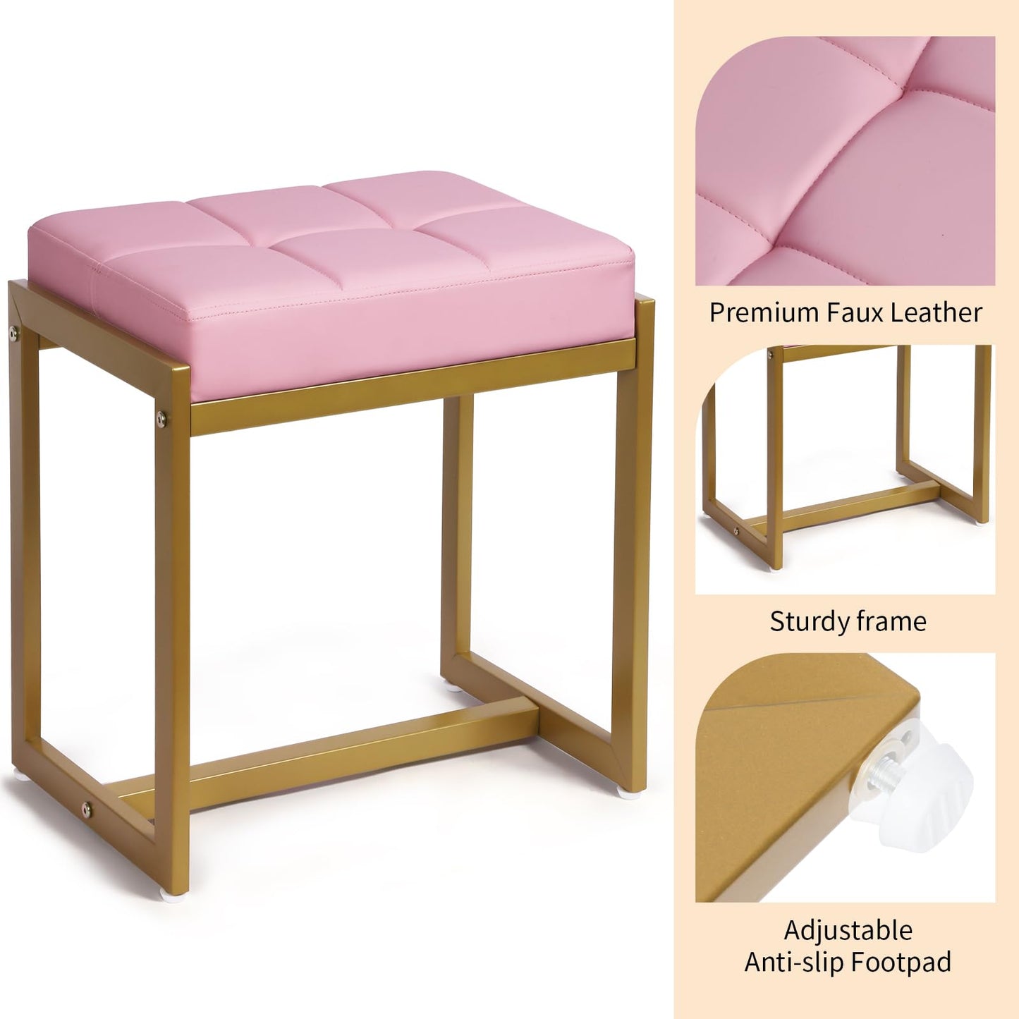 FLYZC Vanity Stool, Pink Small Vanity Stools Chair, Square Cushion Makeup Chairs for Vanity, Metal Foot Stool Ottoman Seat for Bedroom Makeup Living Room, Pink & Gold