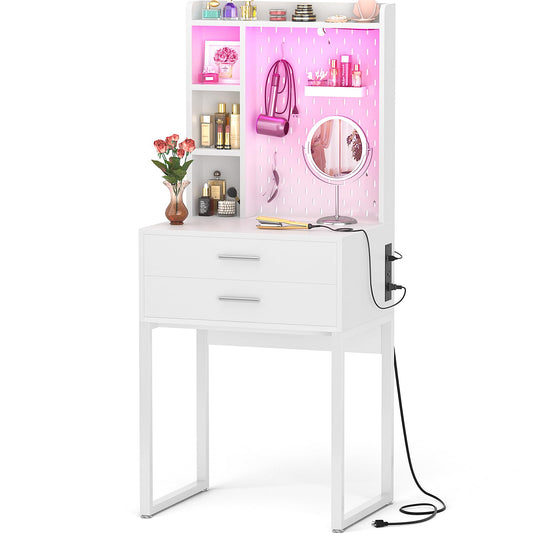 Besiost Small Vanity Desk with Hutch and Drawers, White Makeup Vanity Desk with Charging Station, Vanity Table Dressing Table with LED Lights, Vanity Desk No Mirror with Pegboard for Girls Women, 24"