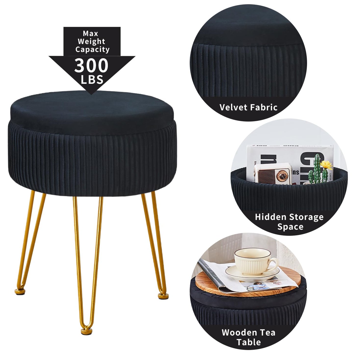 Wimarsbon Vanity Stool Vanity Chair with Storage, Velvet Makeup Stool, Soft Ottoman with Anti-Slip Feet, Furry Padded Seat for Makeup, Bedroom Black