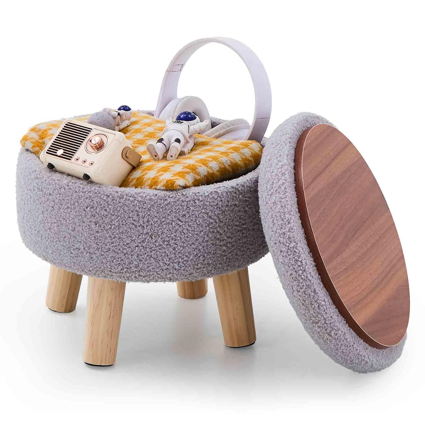 Wimarsbon Storage Ottoman, Modern Round Footrest with Soft Padded Seat, Teddy Velvet Footstool with Wood Legs, Accent Small Table or Plant Stand for Hallway, Living Room (Grey)