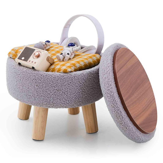 Wimarsbon Storage Ottoman, Modern Round Footrest with Soft Padded Seat, Teddy Velvet Footstool with Wood Legs, Accent Small Table or Plant Stand for Hallway, Living Room (Grey)