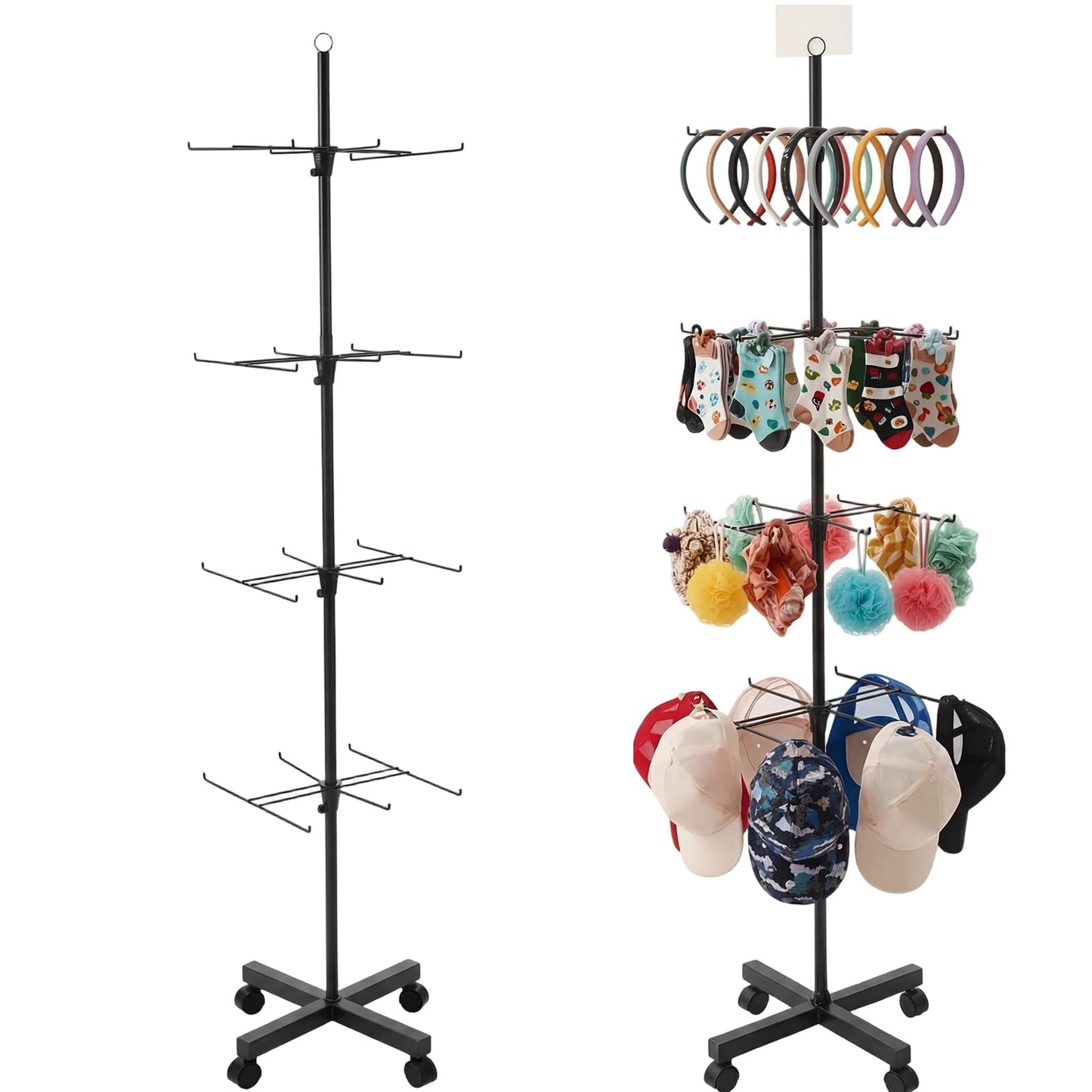 Ripeng 1 Pcs 4-Tier Rotating Display Stand with Wheels, Adjustable Spinning Display Rack, Movable Shop Spinner for Earrings Keychains Jewelry Craft Shows Vendor Events & Stores, Black