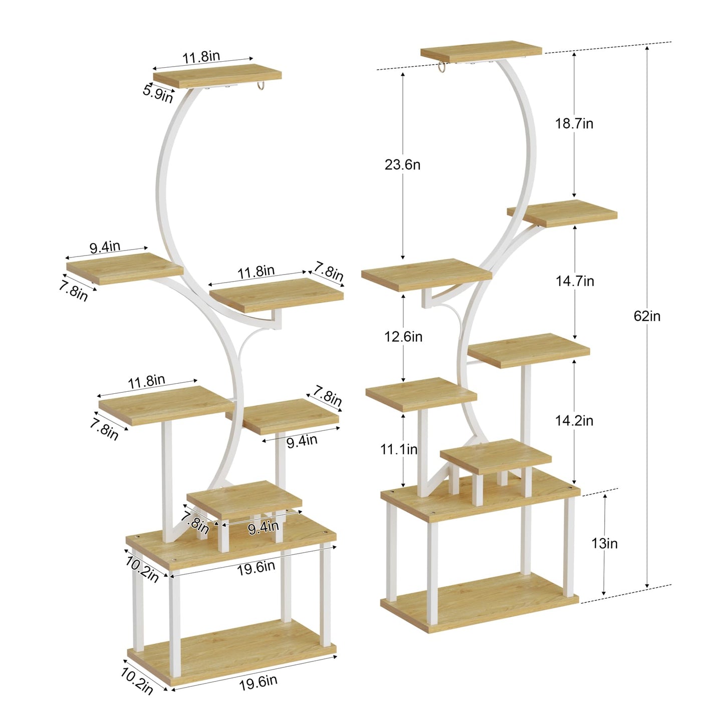 BACEKOLL Plant Stand Indoor with Grow Light - 2 Pack Tall Indoor Plant Shelf, 62" Corner Plant Holder, 8 Tiered Large S-Shape Flower Multiple Display Shelf for Home, White