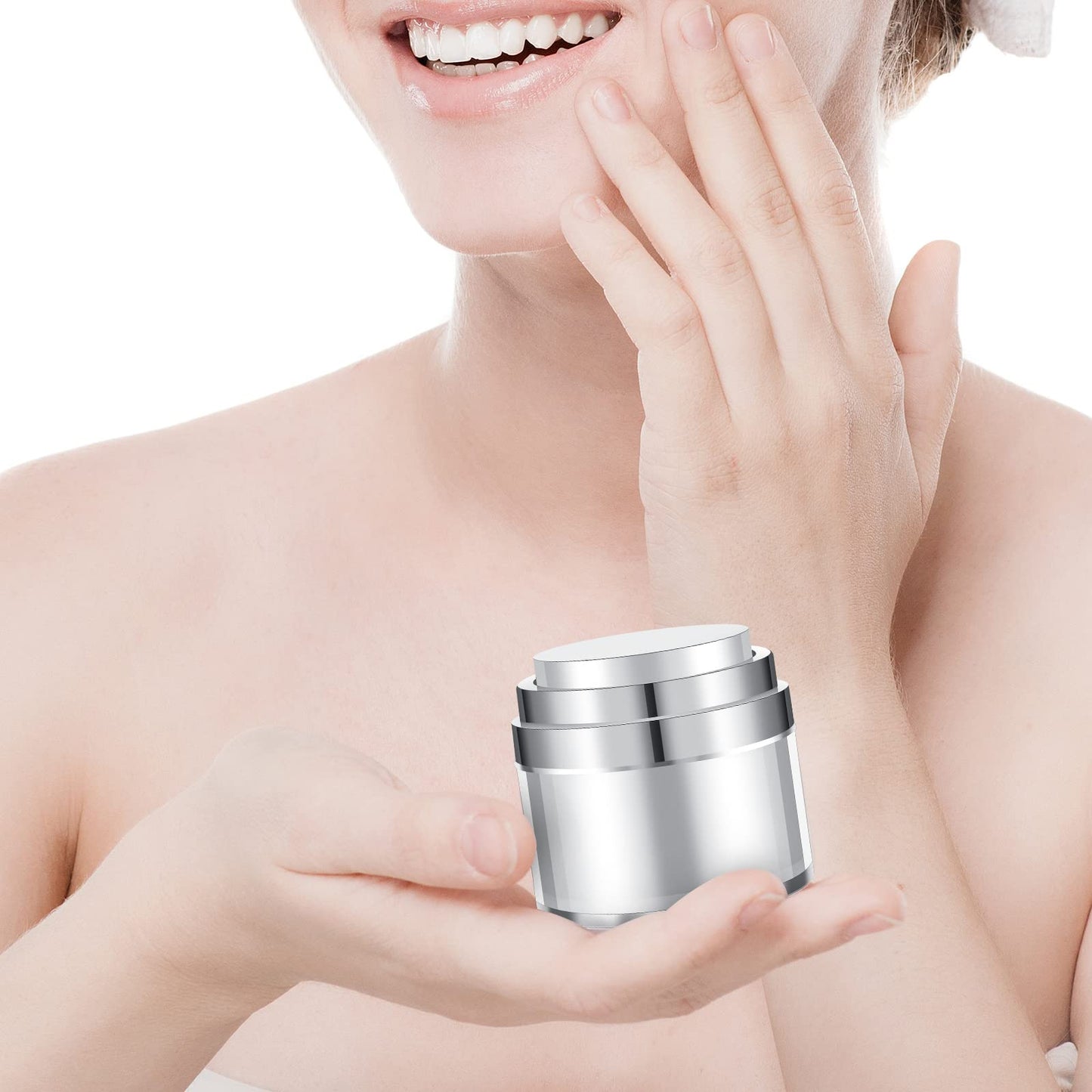 4 Pack Empty Airless Pump Jar Acrylic Airless Cosmetic Container Portable Refillable Travel Size Cream Vacuum Bottle Lotion Jar with Pump Lid for Skincare Cream, White(1.7 oz)