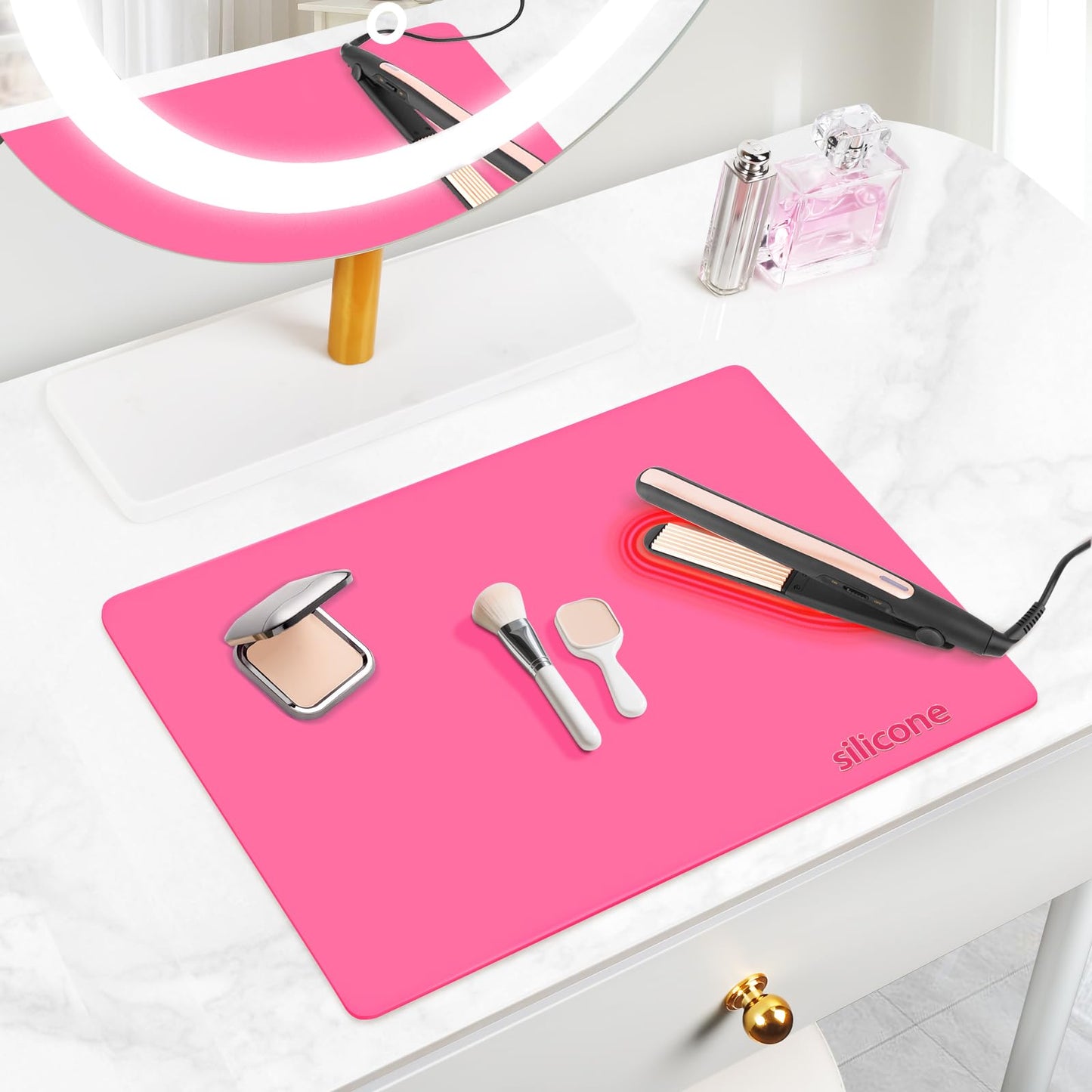 Silicone Makeup Mat for Vanity, 21.7" x 11.8" Heat Resistant Vanity Mat, Easy to Clean & Waterproof, Portable Makeup Accessories for Use While Traveling (Hot Pink)
