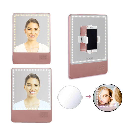 Riki Skinny Duo LED Vanity Mirror with Lights & Bluetooth - Portable Lighted Makeup Mirror with Magnification, Adjustable Stand, & Phone Clip | 5 Dimming Stages & Color Temperature Adjustable