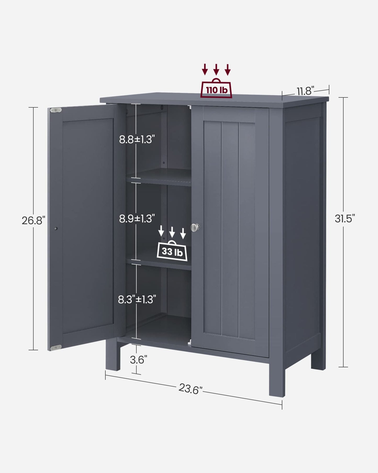 VASAGLE Floor Storage Cabinet, Freestanding Storage Unit with 2 Adjustable Shelves, for Bathroom Living Room Dining Kitchen, 11.8 x 23.6 x 31.5 Inches, Slate Gray UBCB60GY