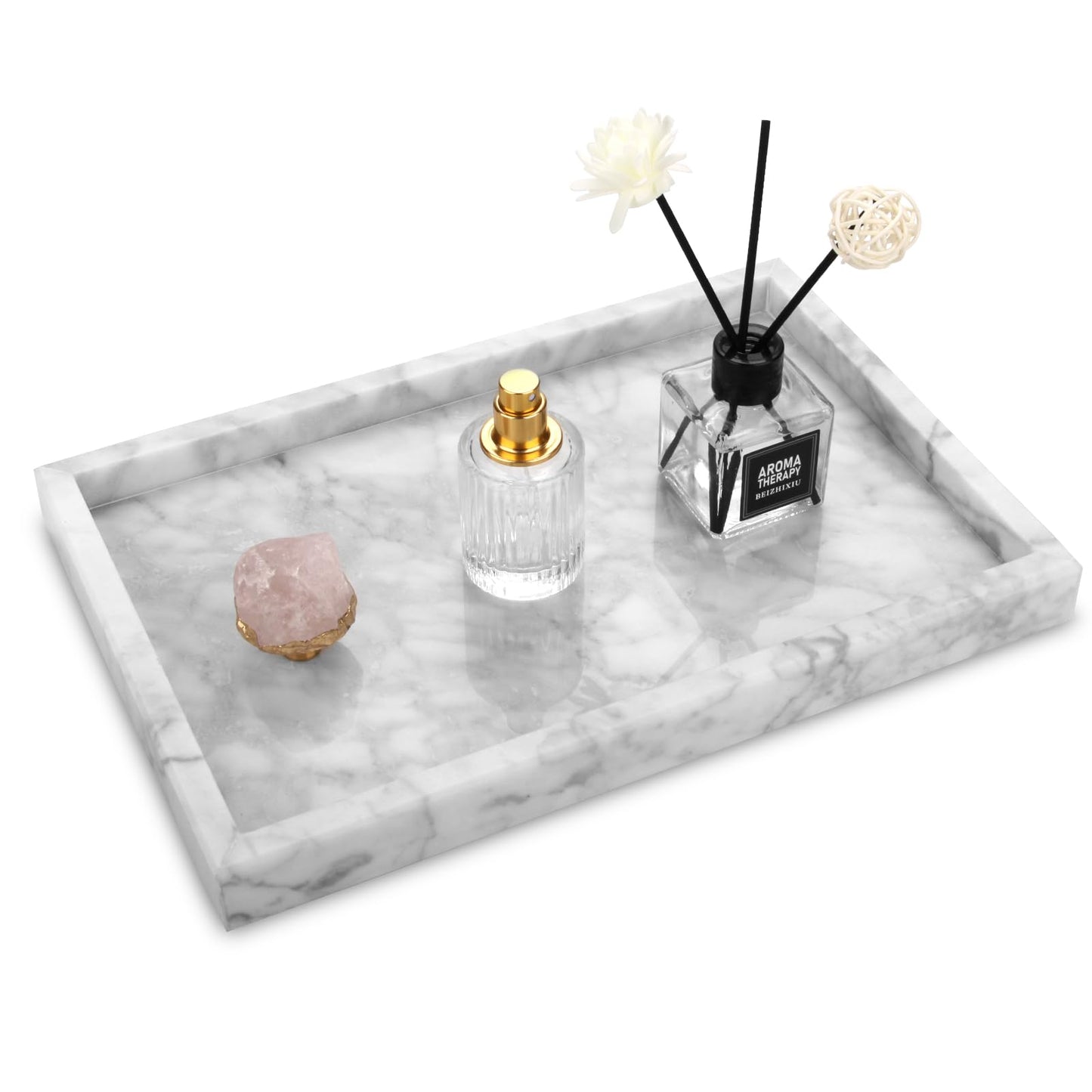 Marble Bathroom Vanity Tray, Natural Luxury Vanity Home Kitchen Bathroom Table Tray, Stone Decorative Countertop Dresser Trays for Key Coffee Perfume Jewelry Makeup (Carrara White, 12"x 8" x1.2")