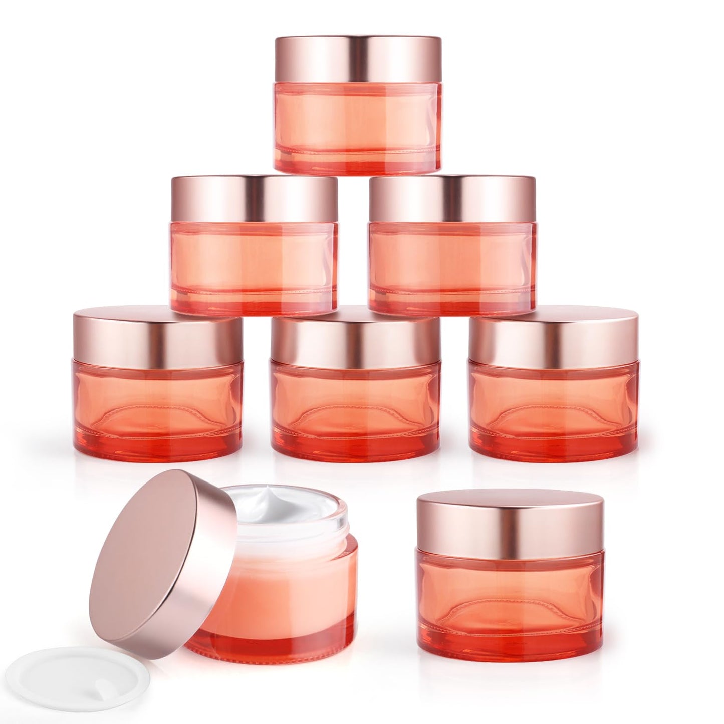 BOSMIOW 8pcs 50g/1.7oz Rose Gold Glass Cream Jars Round Lotion Bottle Refillable Empty Cosmetic Container Pot for Eye Creams,Body Scrub,Facial Mask,Ointments