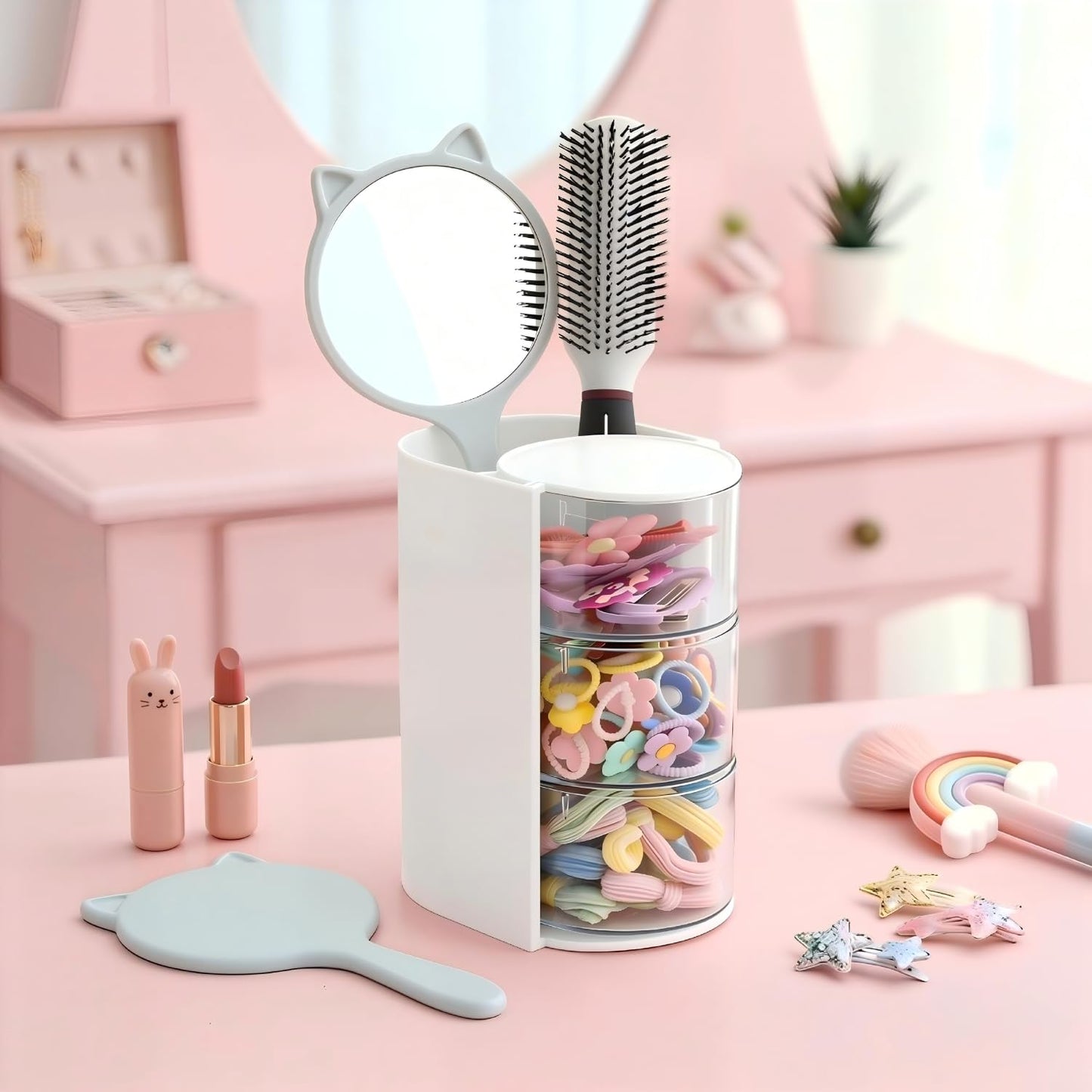 Hair Accessories Organizer with Hair Brush Holder, Rotatable Makeup Brush and Jewelry Storage Box for Hair Clips, Earrings, Necklaces, Bracelets, Rings, and Daily Accessories (White, 3-Layer)