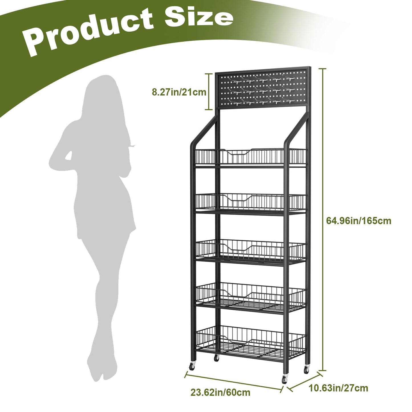 XNKLMYT 5 Tier Retail Display Racks, Large Capacity Snack Rack Display Stand, Pegboard Snack Shelf with 15 Hooks and 4 Wheels for Supermarket Kitchen Office Store Display, Black (1)