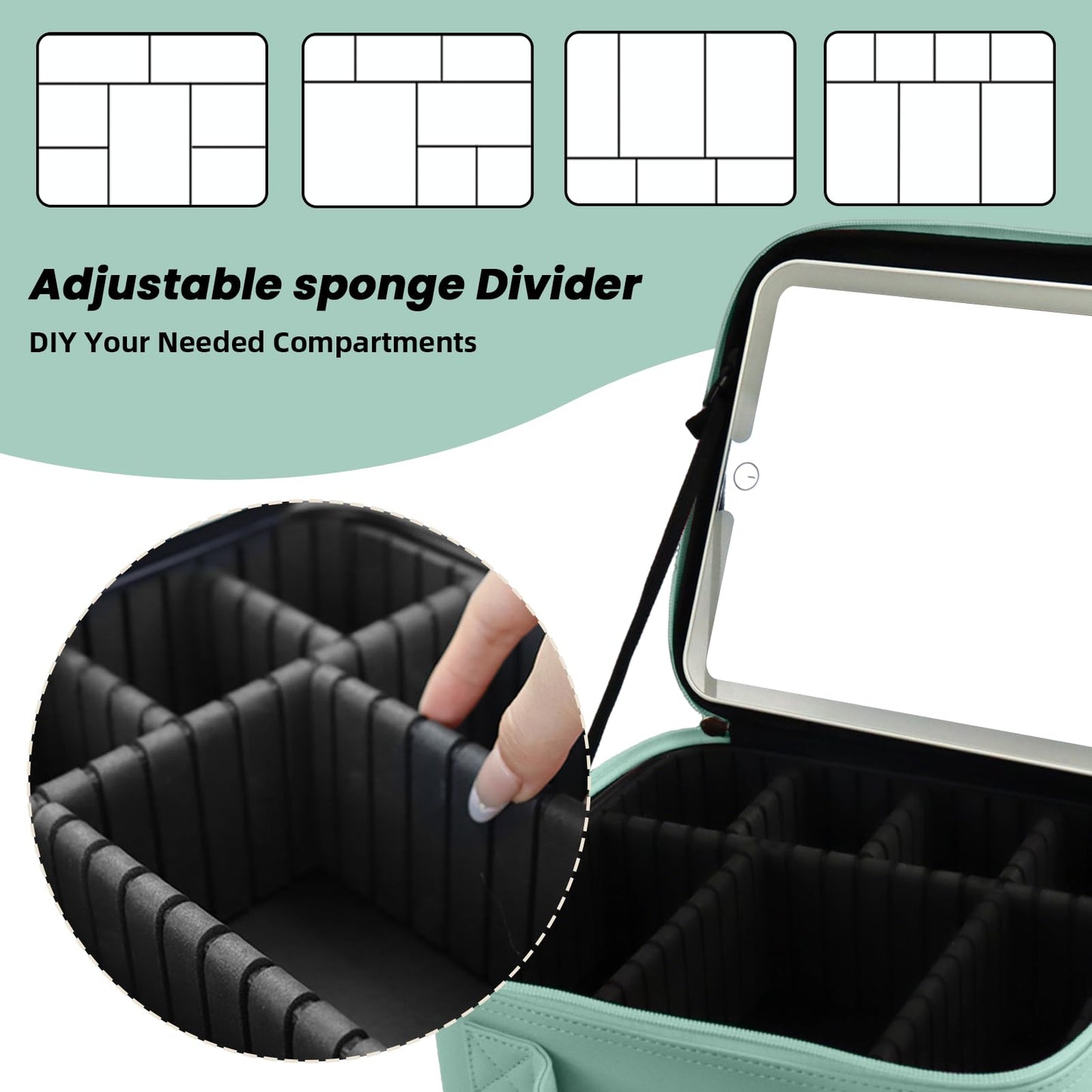 SUILU Travel Makeup Bag with LED Mirror and Light Makeup Travel Bag Organizer Portable Cosmetic Brush Organizer Bag with Adjustable Dividers for Cosmetics Makeup Brushes Toiletry (Light Green)