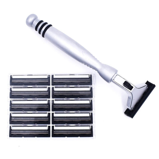 Taconic All‑Metal Heavyweight Chrome Razor – Gillette® Atra-Compatible Twin Blade Handle with 10 Pivot Plus Personna Blades, Ergonomic Grip, Durable Design