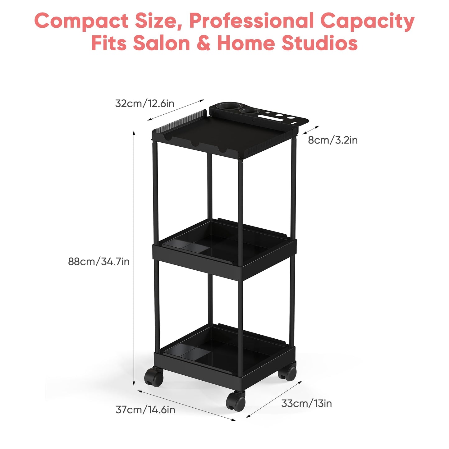 Veonly Metal 3 Tiers Salon Rolling Tray,Salon Tray on Wheels,Hair Extension Holder Salon Trolley,Hairstylist Tool Storage Cart for Salon(Black)