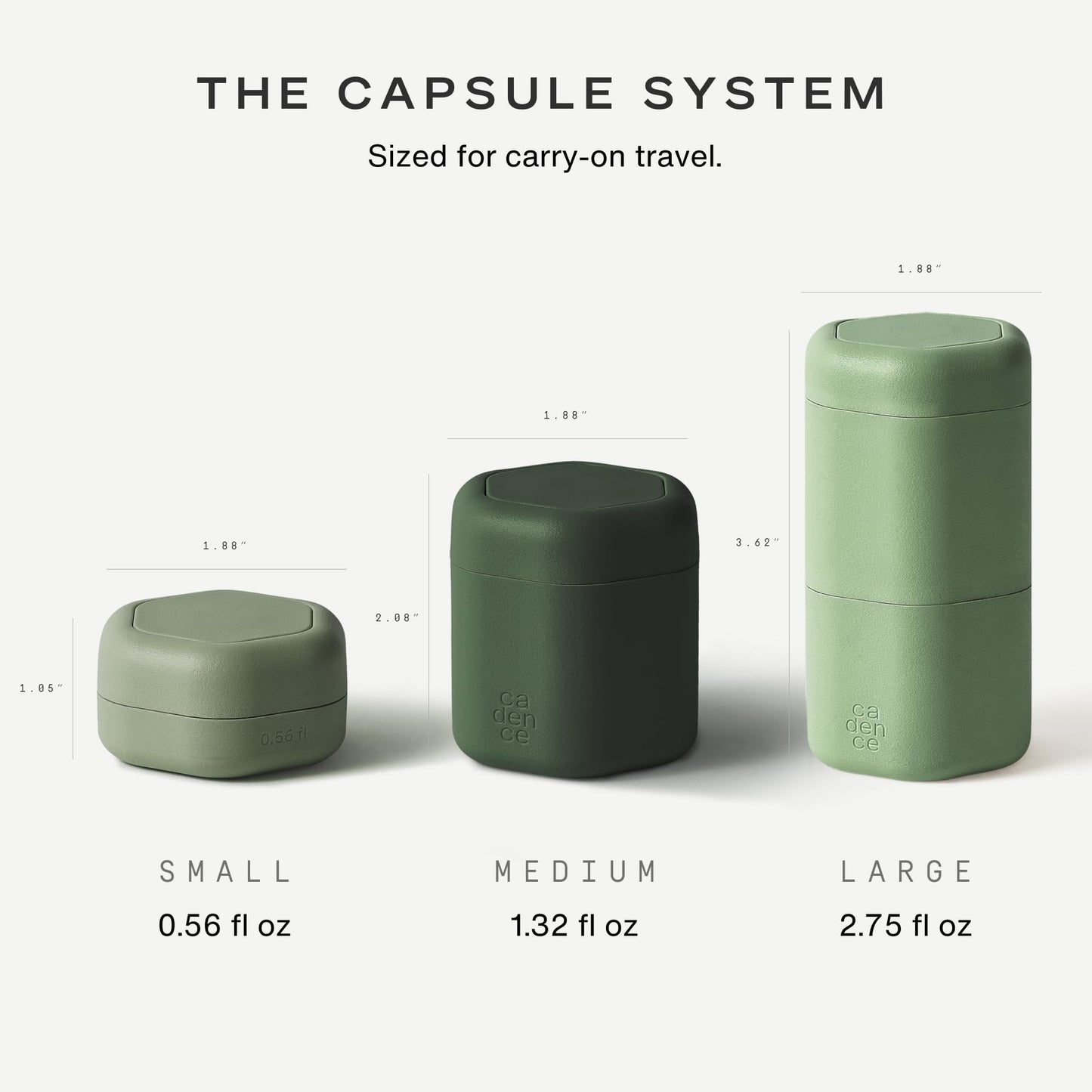 Cadence Travel Containers, 3 Medium (1.32oz), Evergreen - TSA Approved, Leak Proof - Body Care Capsule Set - Magnetic Containers, Carry On Travel Essentials - Body Wash, Lotion & Sun Icon Labels