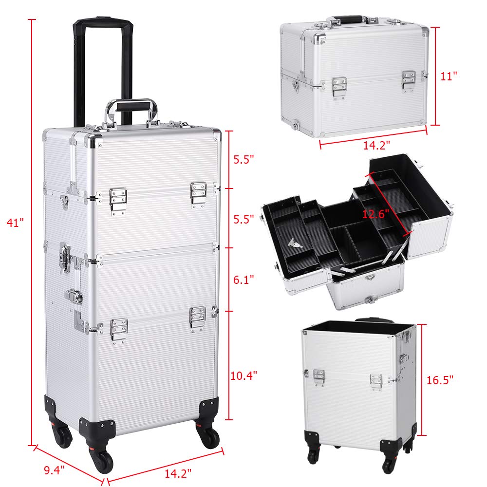 Karl home 3 in 1 Makeup Train Case Rolling Cosmetic Trolley Large Capacity Travel Organizer with Key 360°Swivel Wheels Suitcase for Beauticians Hairstylists Nail Tech Students, Silver