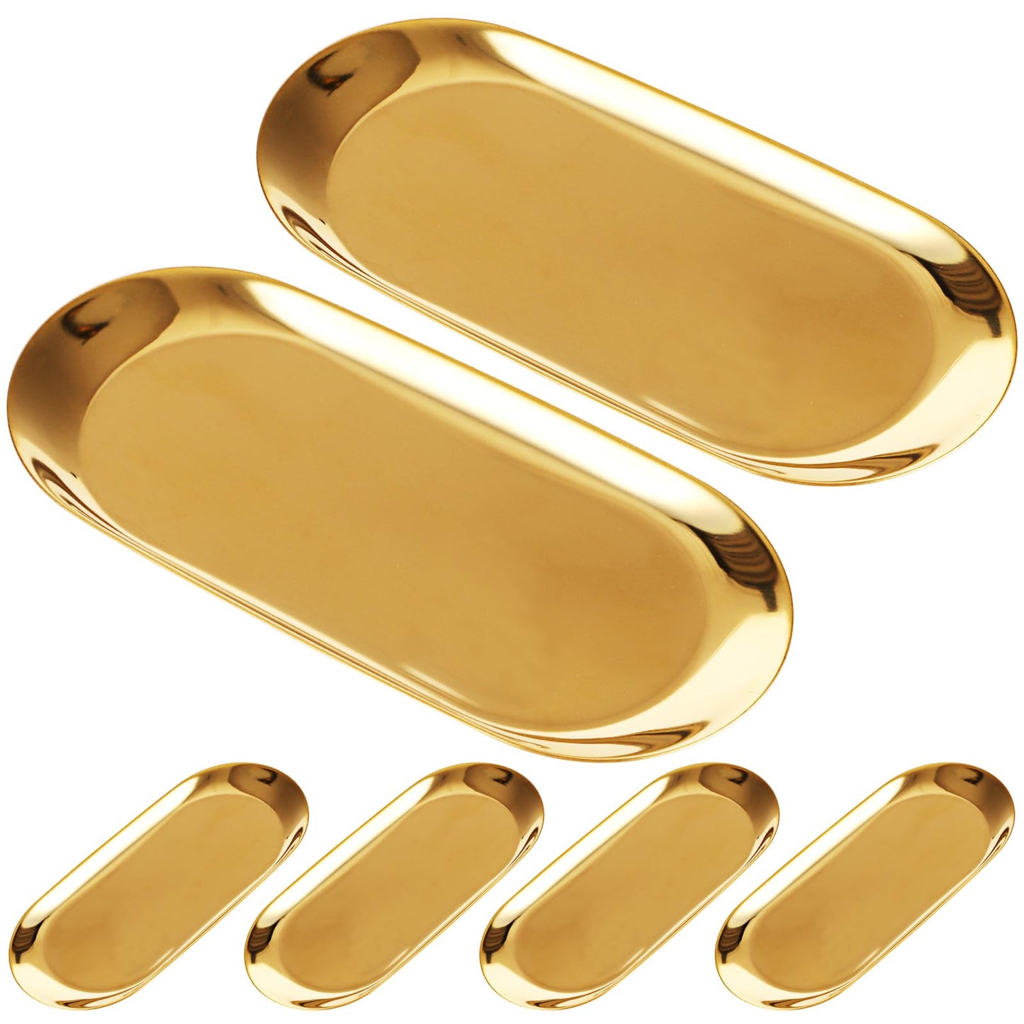 CYEAH Stainless Steel Decorative Tray Set of 6, Gold Decorative Tray 7 inch, Oval Jewelry Dish Bathroom Vanity Tray Small Serving Trays Candle Holder Stainless Steel Cosmetics Perfume Trays