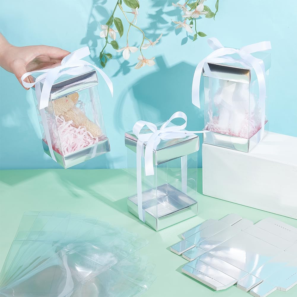 BENECREAT 10Pcs Clear Plastic Gift Box with Silver Paper Lid, Rectangle Gift Packaging Boxes with Polyester Ribbon for Birthdays, Weddings and Christmas, 3.2x3.2x5.7inch