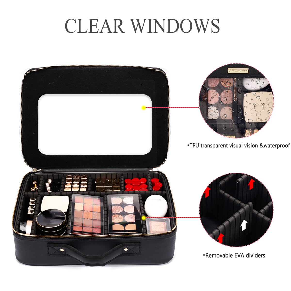 ROWNYEON Large Makeup Train Case Travel Clear EVA Makeup Bag Organizer Visible Waterproof TPU 16.1" Cosmetic Bag for Women